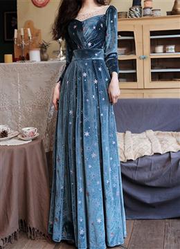 Picture of Blue Velvet Long Sleeves Floor Length Wedding Party Dresses, Blue Bridesmaid Dress